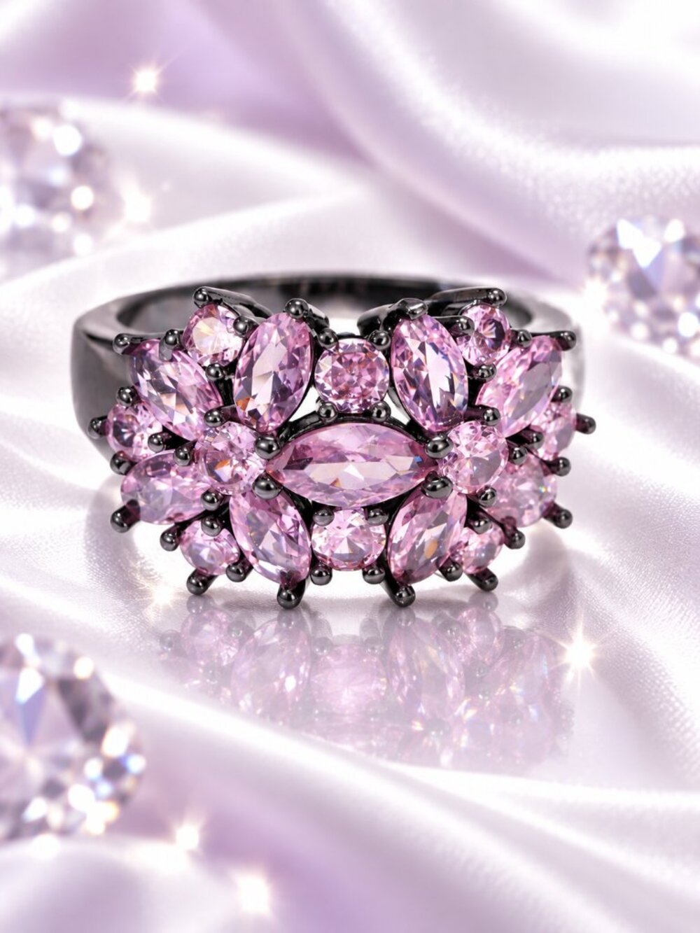 Lavender Pink Crystal Statement Black Floral Cluster Cocktail Ring